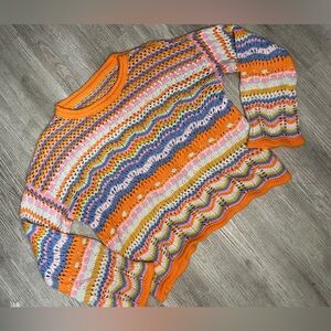 Boho Chic Vibrant sweater Striped Crochet Knit Granny Retro Hippie Trippy Size M